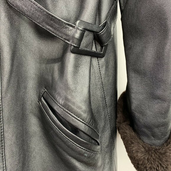 Unbranded Leather Fur Jacket Black Button Front - Picture 4 of 8